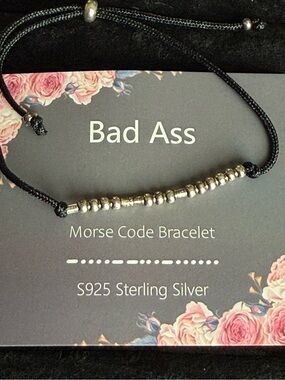 S925 Sterling Silver “Bad Ass” Morse Code Bracelet on Black Cord OS | New In Box